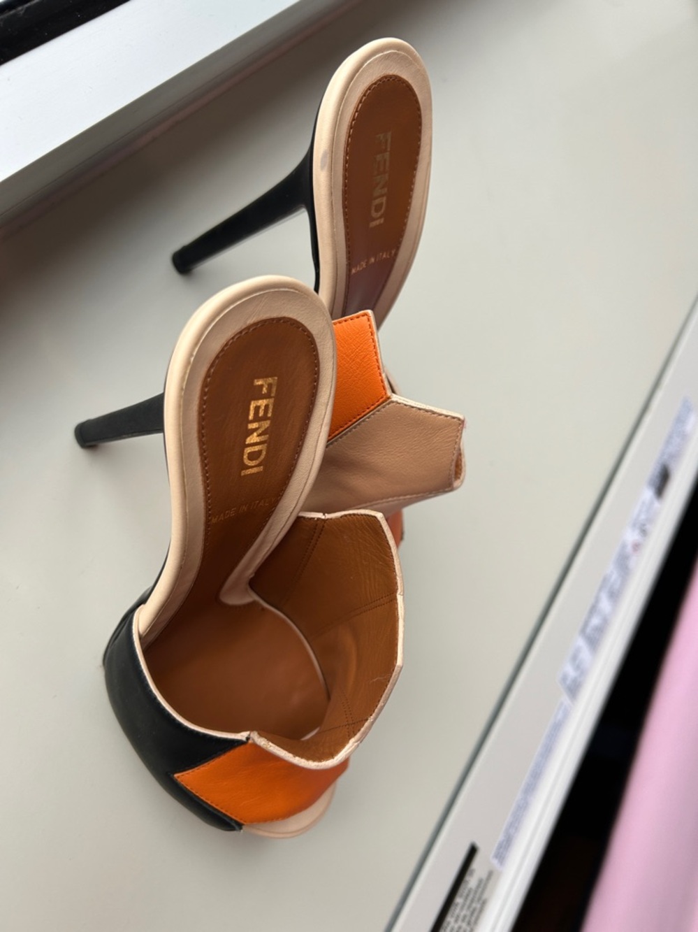 Fendi Tri-Panel Leather Mule Sandals in Orange, Beige & Black - Picture 3 of 6